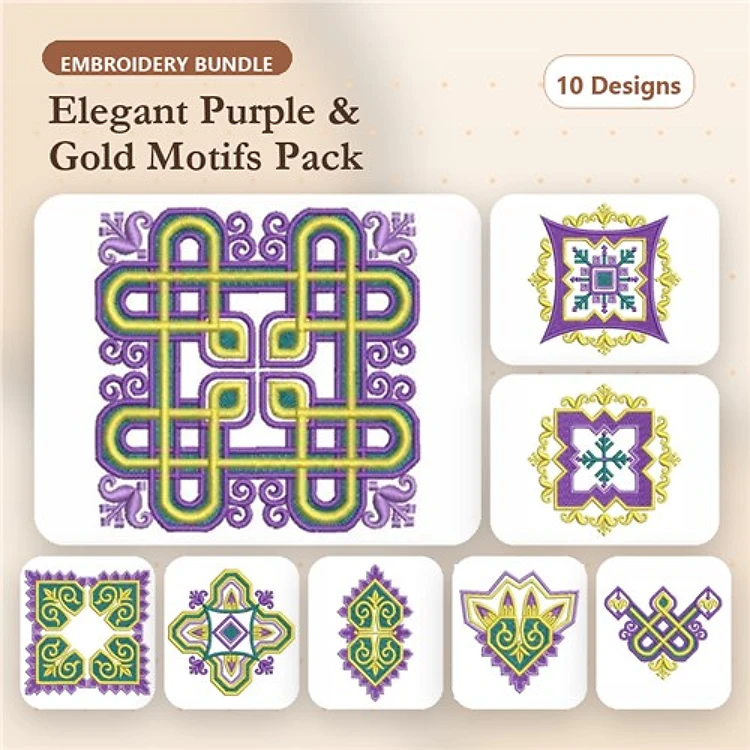 Elegant Purple & Gold Embellishments Embroidery Bundle – Intricate Knot, Floral Motif Square, Celtic Pattern & More (10 Designs)