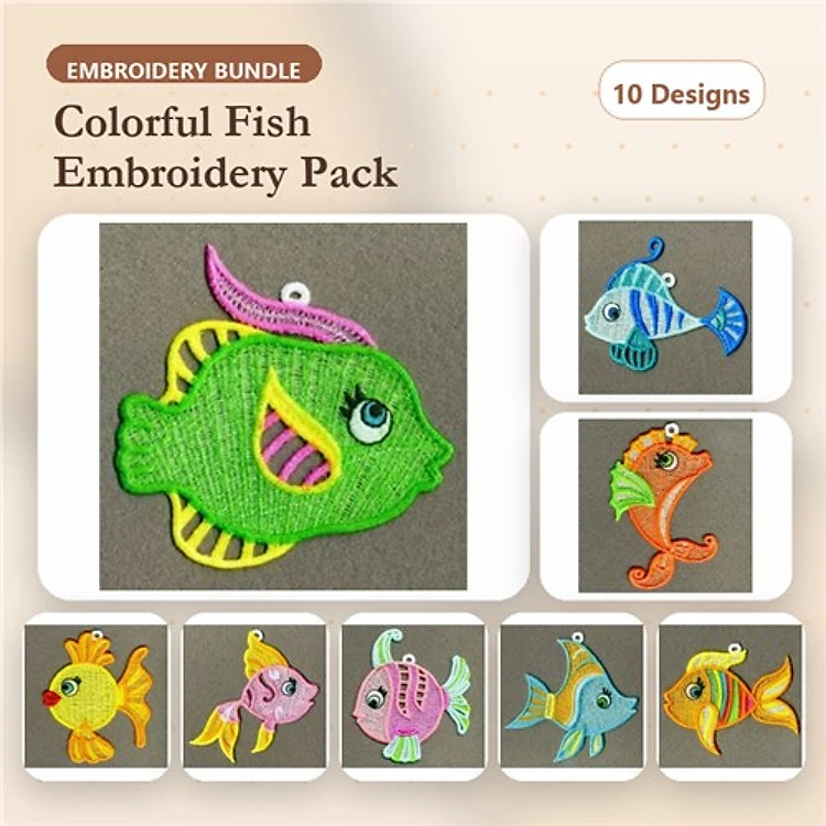 FSL Colorful Fish Embroidery Bundle – Green Cartoon Fish, Blue Striped Fish, Orange Cartoon Fish & More (10 Designs)