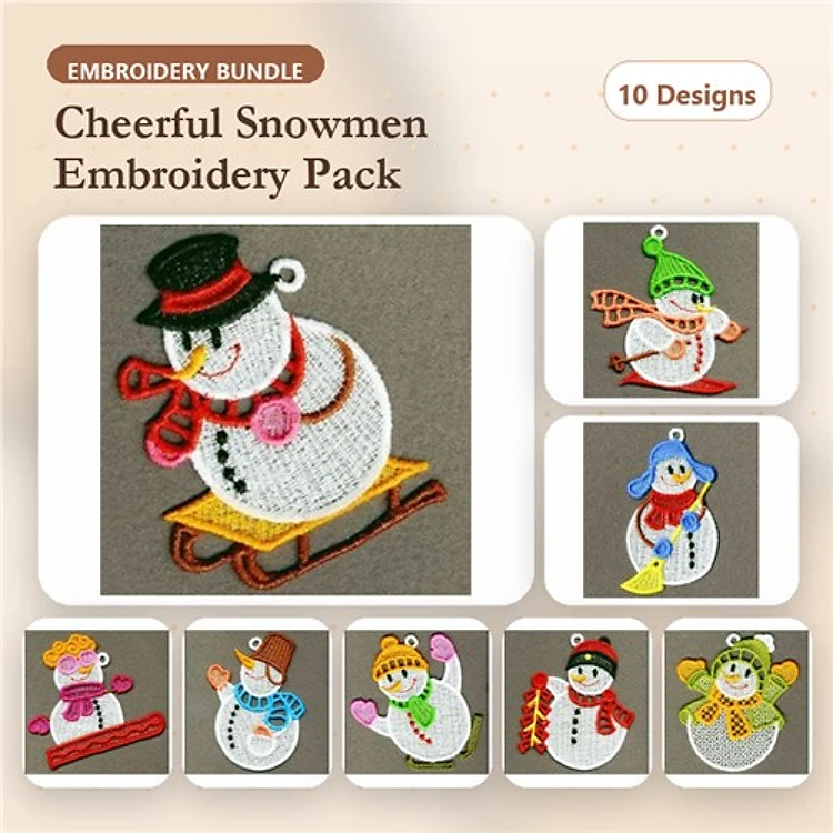 FSL Cheerful Snowmen Embroidery Bundle – Snowman on Sled, Snowman with Flute, Snowman with Scarf & More (10 Designs)