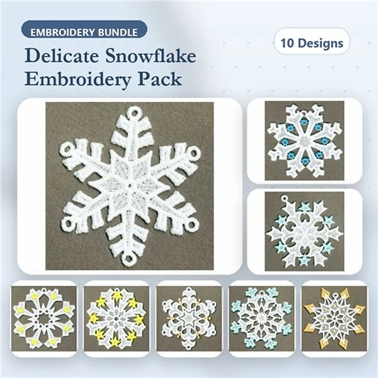 FSL Delicate Snowflakes Embroidery Designs Bundle – Snowflake Ornament, Intricate Lace Snowflake & More (10 Designs)