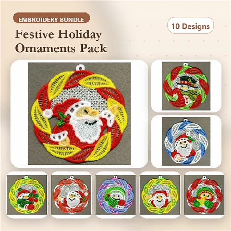 FSL Festive Holiday Ornaments Embroidery Designs Bundle – Santa, Snowman, Christmas Tree & More (10 Designs)