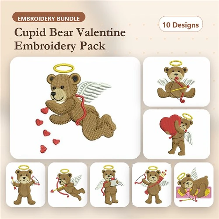 Cupid Bear Embroidery Bundle – Cupid Bear with Hearts, Cupid Bear with Bow & More (10 Designs)