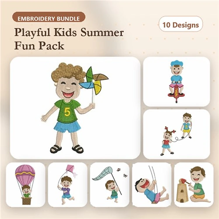 Children's Summer Activities Embroidery Designs Bundle – Boy with Pinwheel, Girl on Swing, Kids Playing Together & More (10 Designs)
