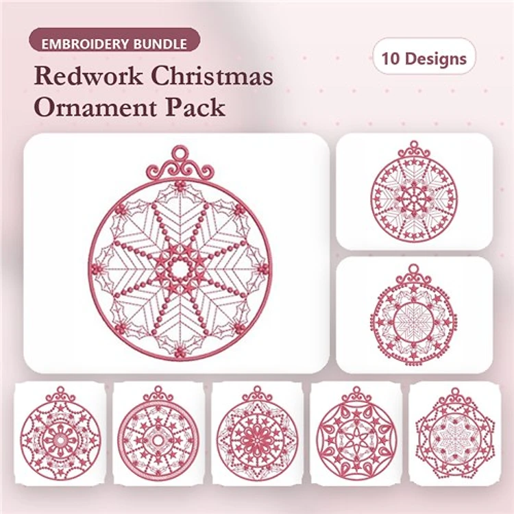 Redwork Christmas Ornament Embroidery Designs Bundle – Snowflake, Star, Floral & More (10 Designs)