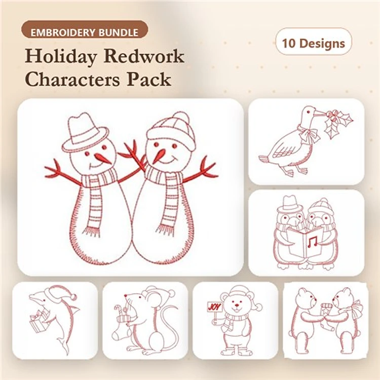 Redwork Holiday Characters Embroidery Designs Bundle – Snowman, Singing Bears, Joyful Mouse & More (10 Designs)