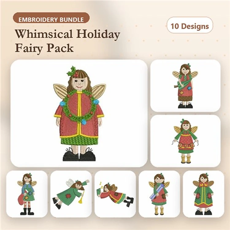 Holiday Fairy Embroidery Bundle – Ornament, Wreath, Gift, Candy Cane & More (10 Designs)