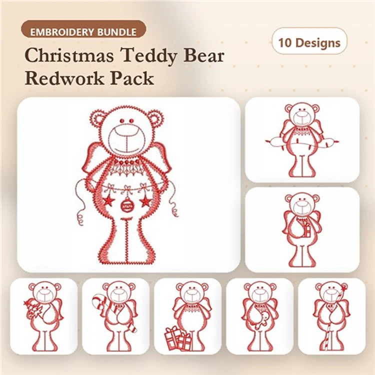 Redwork Christmas Teddy Bears Embroidery Designs Bundle – Teddy Bear with Stars, Teddy Bear Holding Gifts, & More (10 Designs)