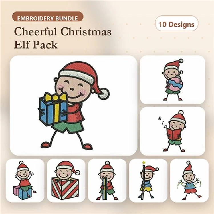 Cheerful Christmas Elves Embroidery Designs Bundle – Elf with Present, Elf with Ornament, Elf with Candy Cane & More (10 Designs)