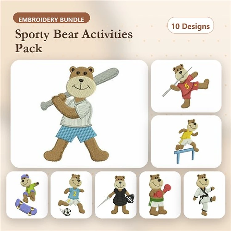 Sporty Bear Embroidery Bundle – Baseball Bear, Soccer Bear, Basketball Bear & More (10 Designs)