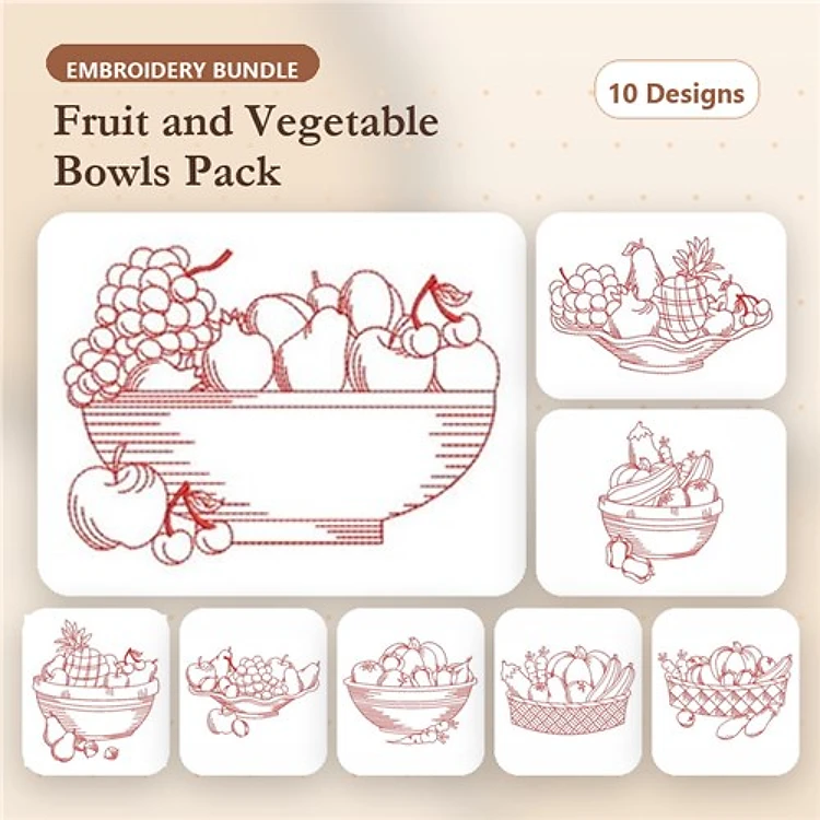 Redwork Fruit and Vegetable Bowl Embroidery Designs Bundle – Grapes in Bowl, Apples in Bowl, Mixed Fruit Bowl & More (10 Designs)