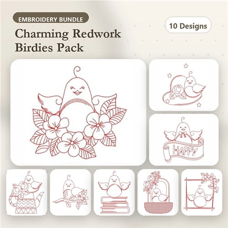 Redwork Bird Embroidery Bundle – Bird with Flowers, Bird in a Teapot, Bird Holding Flowers & More (10 Designs)