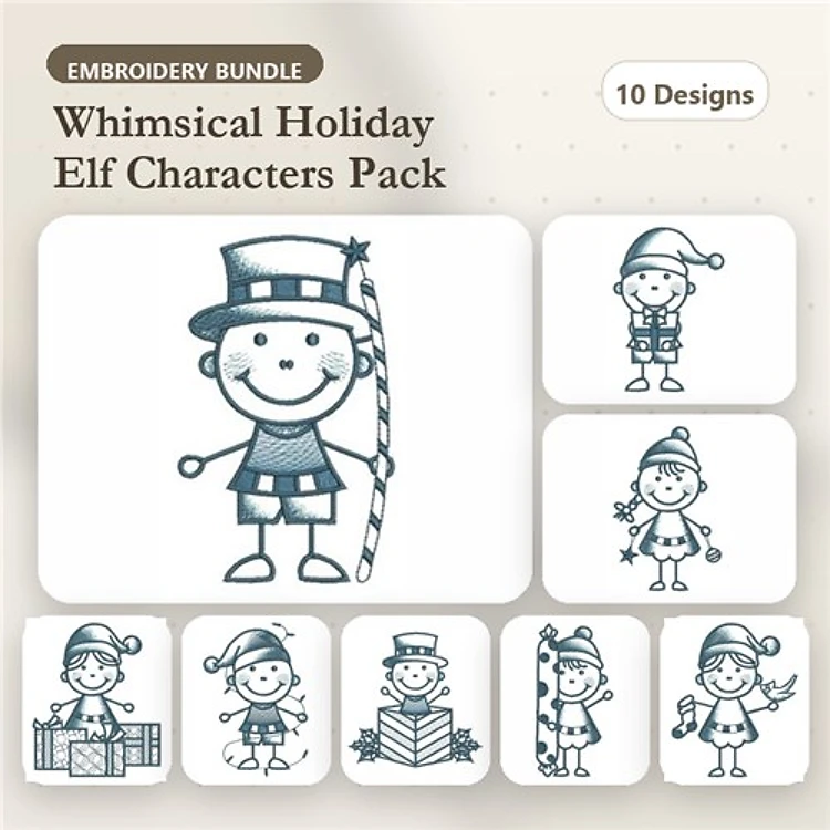 Redwork Whimsical Holiday Elves Embroidery Designs Bundle – Happy Elf with Candy Cane, Elf with Present, & More (10 Designs)