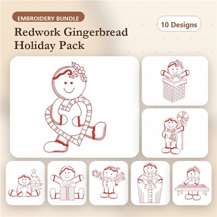 Redwork Gingerbread Holiday Embroidery Designs Bundle – Gingerbread Boy with Heart, Gift, Lollipop & More (10 Designs)