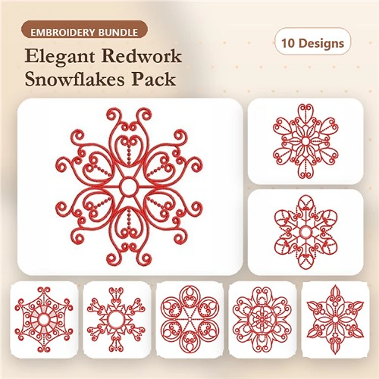 Redwork Elegant Snowflakes Embroidery Designs Bundle – Intricate & Ornate Styles (10 Designs)