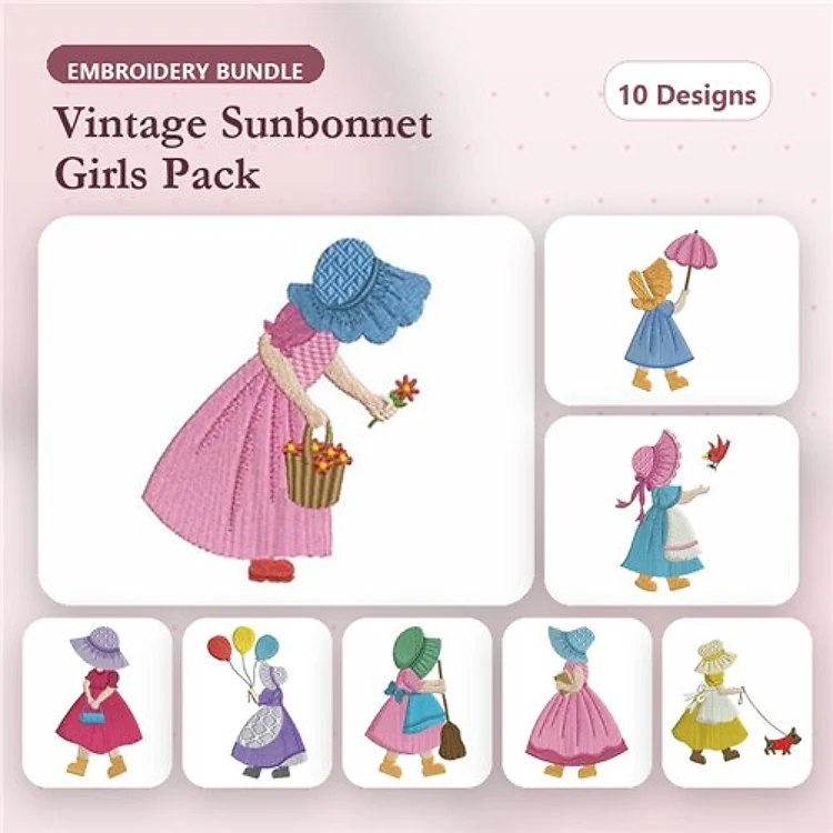 Vintage Sunbonnet Girls Embroidery Bundle – Charming Designs (10 Designs)