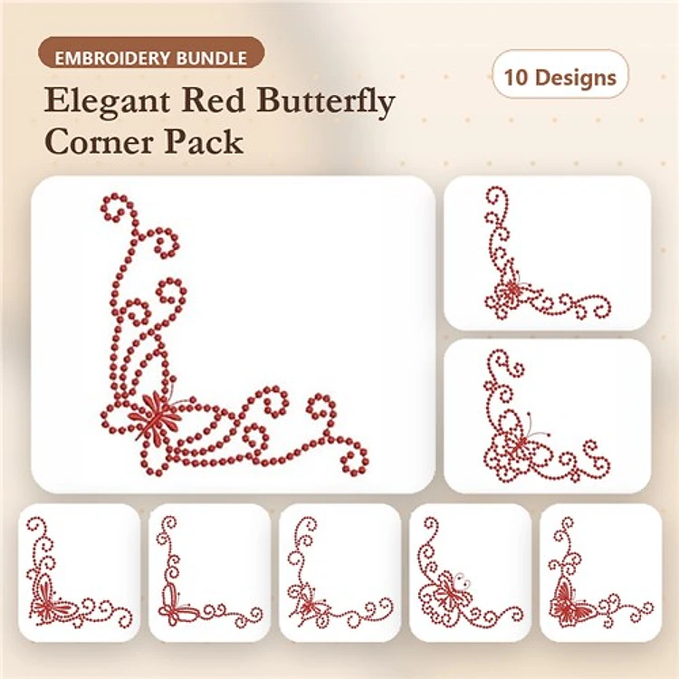 Redwork Butterfly Corner Embellishments Embroidery Bundle – Elegant Swirls & Floral Elements (10 Designs)