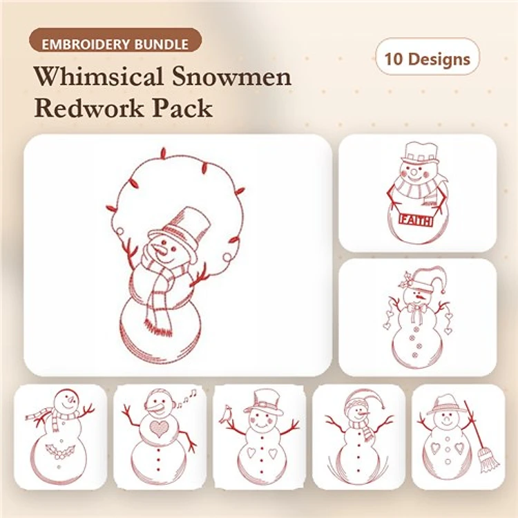 Redwork Snowman Embroidery Designs Bundle – Snowman with Tree, Hat, Scarf, Heart & More (10 Designs)