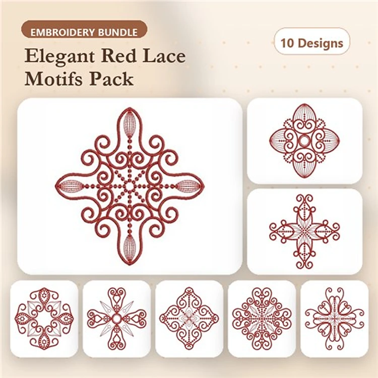 Redwork Elegant Red Lace Embroidery Bundle – Ornate Lace Motifs & More (10 Designs)