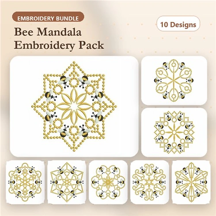 Redwork Bee Embroidery Bundle – Intricate Floral & Geometric Patterns (10 Designs)