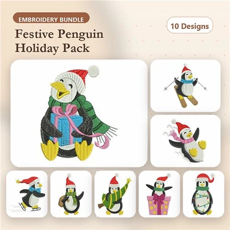 Festive Penguins Embroidery Bundle – Penguin with Gift, Penguin Skating, Penguin with Christmas Tree & More (10 Designs)