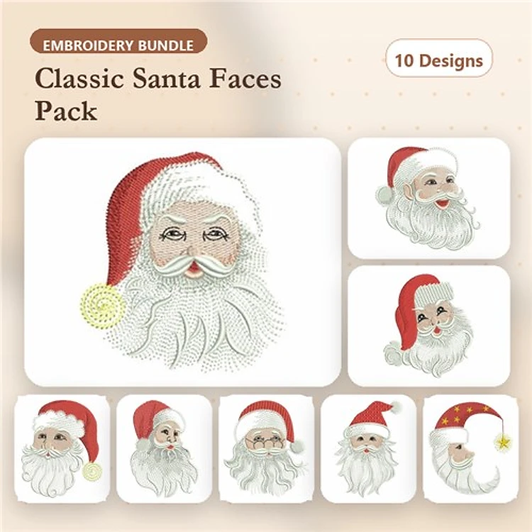 Classic Santa Faces Embroidery Designs Bundle – Santa Face with Glasses, Santa Face with Mustache, & More (10 Designs)