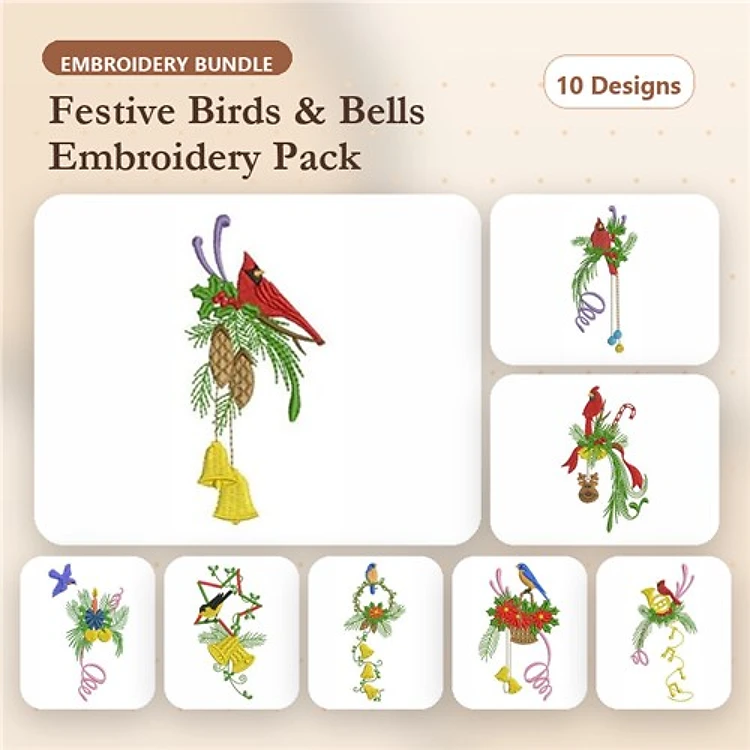 Festive Birds & Bells Embroidery Designs Bundle – Cardinal, Robin, Hummingbird & More (10 Designs)