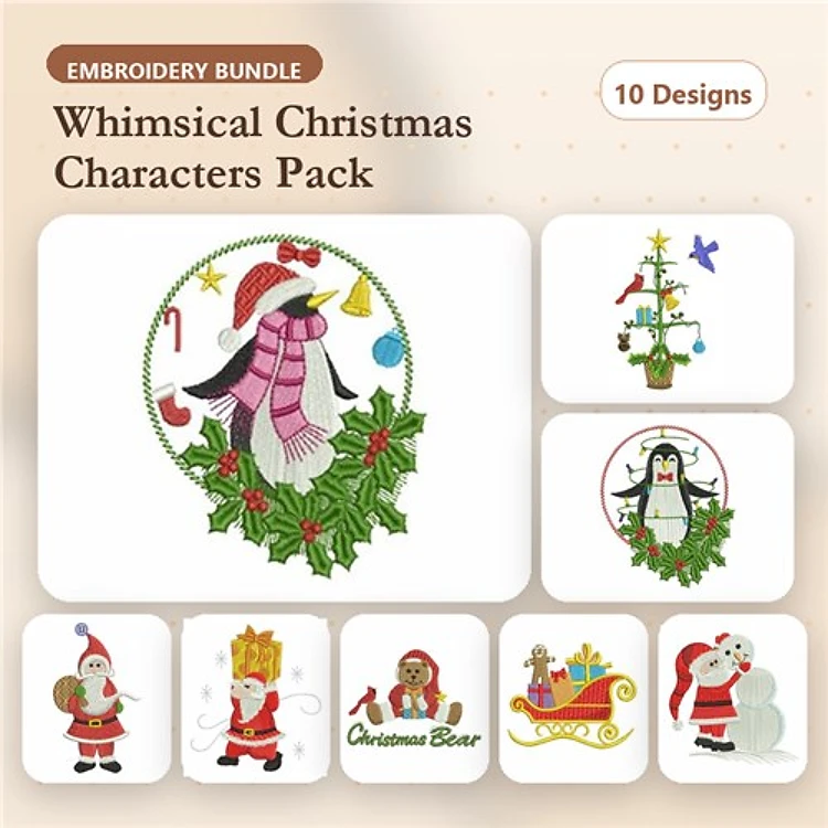 Christmas Characters Embroidery Designs Bundle – Santa Claus, Penguin with Scarf, Christmas Bear & More (10 Designs)