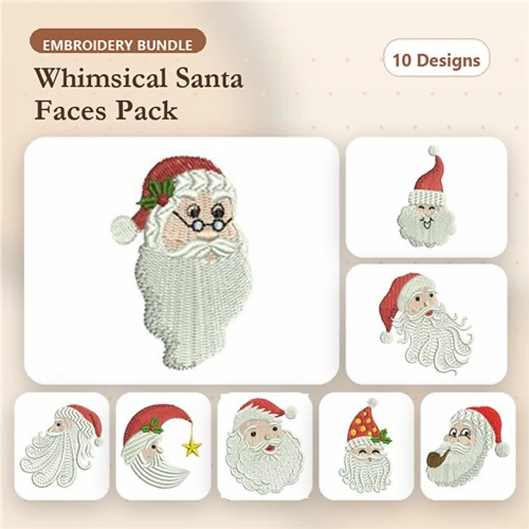 Santa Faces Embroidery Designs Bundle – Santa Face with Glasses, Santa with Red Hat, Santa Face with Christmas Star & More (10 Designs)