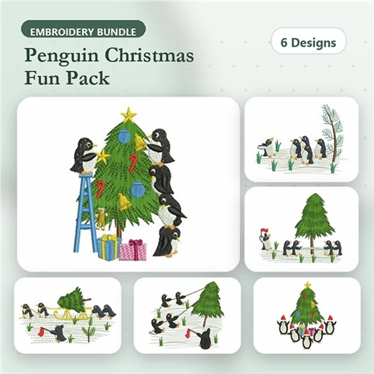 Penguin Christmas Embroidery Designs Bundle – Decorating Christmas Tree, Christmas Lights, Ornaments & More (6 Designs)