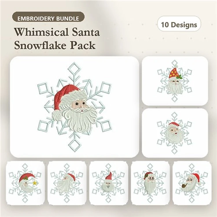 Santa Claus Embroidery Designs Bundle – Santa with Red Hat, Peeking from Snowflake, & More (10 Designs)