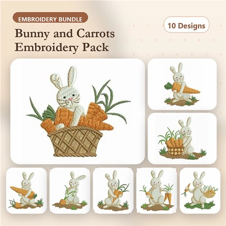 Bunny with Carrots Embroidery Designs Bundle – Bunny in Basket, Bunny Holding Carrot, Bunny Among Carrots & More (10 Designs)
