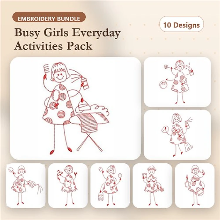 Redwork Busy Girls Embroidery Designs Bundle – Cooking, Cleaning, Crafting & More (10 Designs)