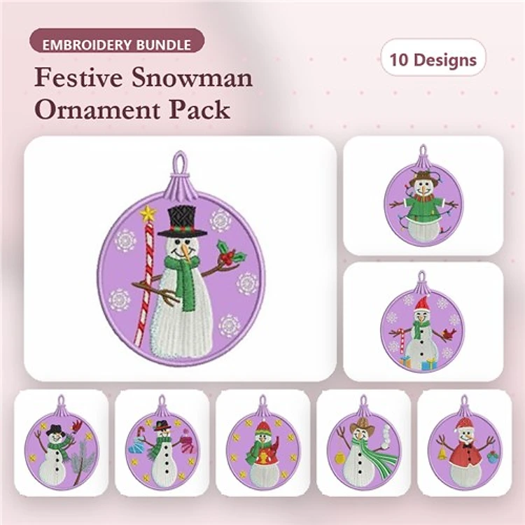 Festive Snowman Ornaments Embroidery Designs Bundle – Snowman with Candy Cane, Snowman with Hat and Flowers, & More (10 Designs)