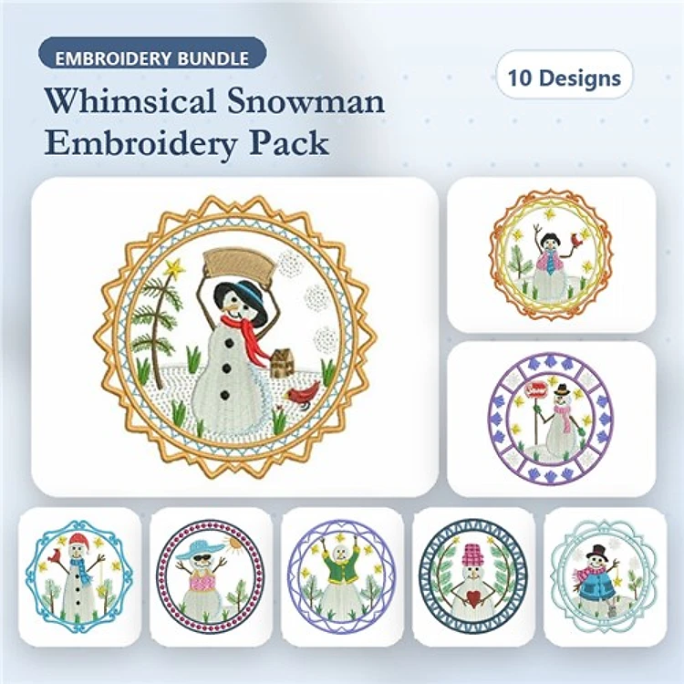 Snowman Embroidery Designs Bundle – Snowman with Basket, Snowman Family, Snowman in Circle Frame & More (10 Designs)