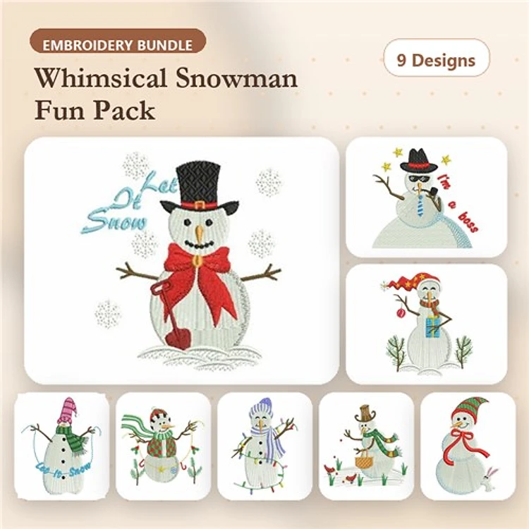 Whimsical Snowman Embroidery Designs Bundle – Snowman with Hat and Scarf, Caroling Snowman, & More (9 Designs)