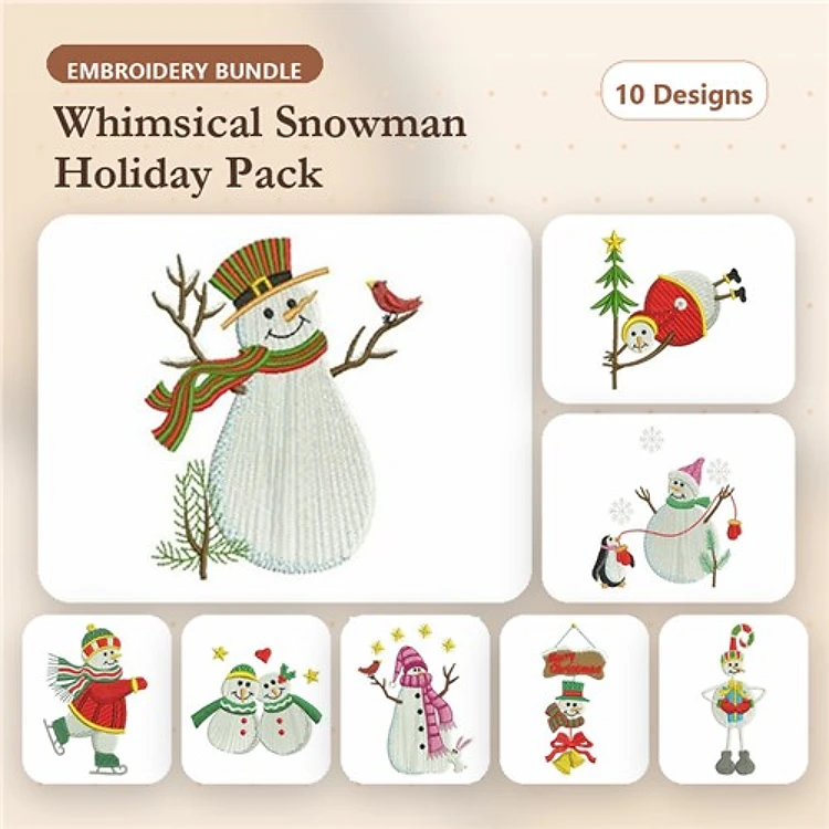 Snowman Embroidery Designs Bundle – Snowman with Birds, Snowman with Scarf, Snowman Family & More (10 Designs)