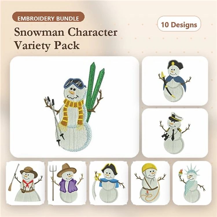 Snowman Characters Embroidery Designs Bundle – Snowman with Skis, Sunglasses, Fishing Rod & More (10 Designs)
