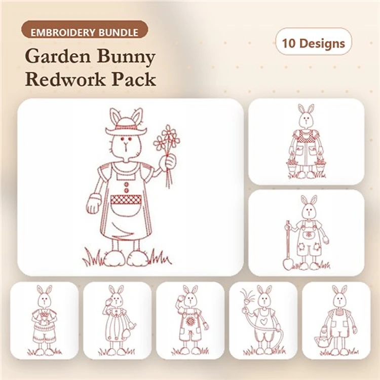 Redwork Garden Bunny Embroidery Bundle – Gardener Bunny, Bunny with Basket, Bunny in Apron & More (10 Designs)