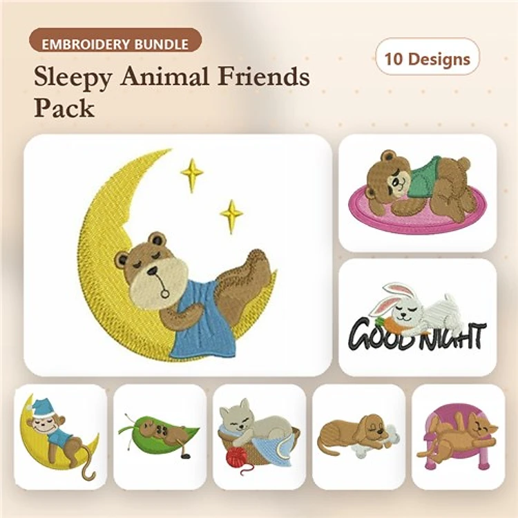 Sleepy Animal Friends Embroidery Bundle – Cute Sleepy Designs (10 Designs)