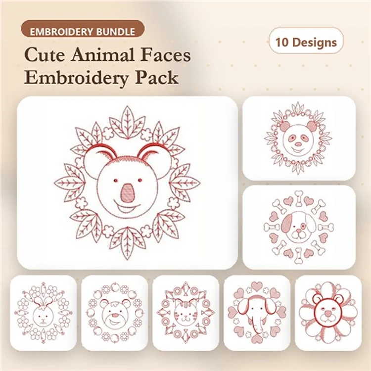 Cute Animal Faces Embroidery Bundle – Adorable Designs (10 Designs)