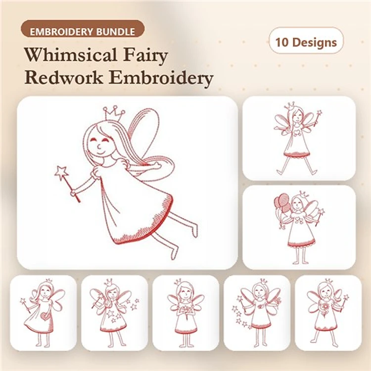 Redwork Fairy Characters Embroidery Designs Bundle – Fairy with Wand, Dancing Fairy, Fairy with Flowers & More (10 Designs)