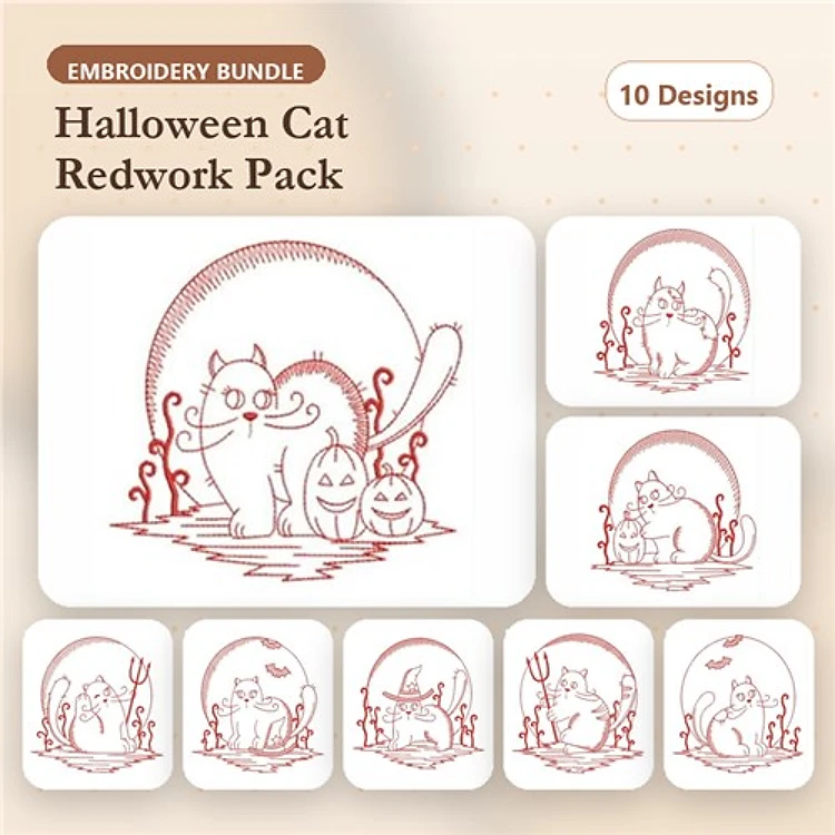 Redwork Halloween Cats Embroidery Designs Bundle – Cat with Pumpkins, Cat with Witch Hat, Cat with Ghost & More (10 Designs)