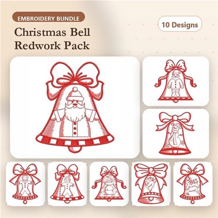 Redwork Christmas Bell Embroidery Bundle – Santa, Angel, Reindeer, Snowman & More (10 Designs)
