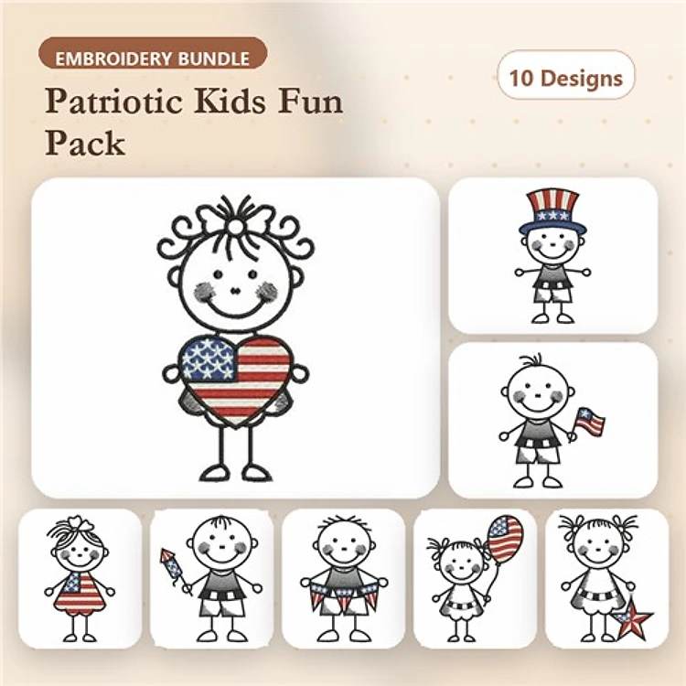 Kids Patriotic Embroidery Bundle – Boy with Heart Flag, Girl with Flag, Patriotic Kid with Hat & More (10 Designs)
