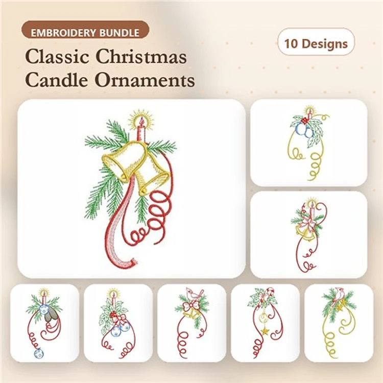 Christmas Candle Embroidery Designs Bundle – Candle with Bell and Pine, Candle with Red Ribbon, & More (10 Designs)