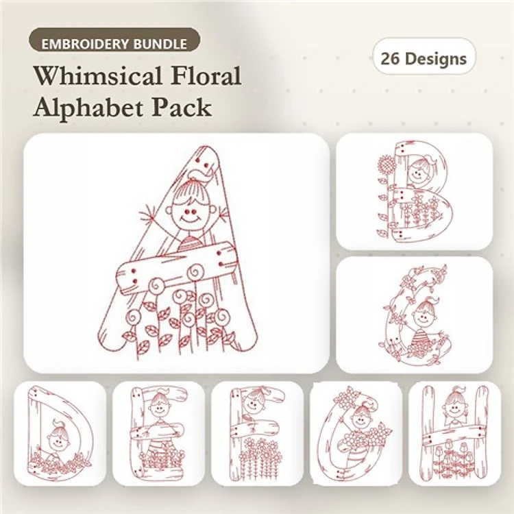 Redwork Floral Alphabet Embroidery Designs Bundle – A Floral Letter with Character, B Floral Letter with Character & More (26 Designs)