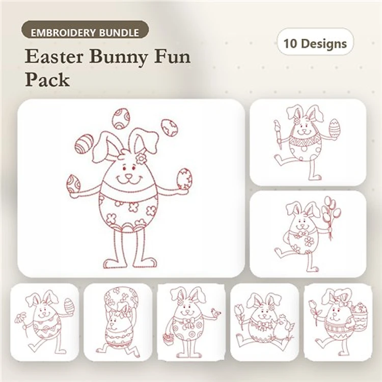 Redwork Easter Bunny Embroidery Designs Bundle – Bunny with Eggs, Juggling, Basket & More (10 Designs)