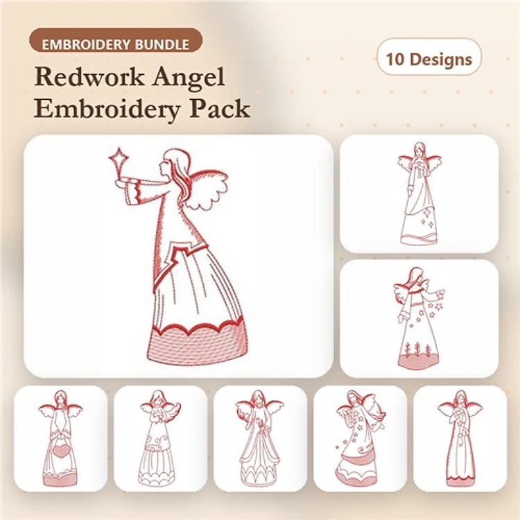 Redwork Angels Embroidery Bundle – Angel with Star, Angel Holding Candle, Angel with Flowers & More (10 Designs)