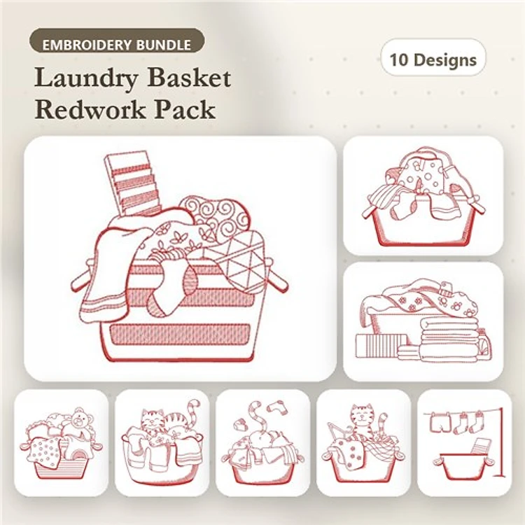 Redwork Laundry Basket Embroidery Designs Bundle – Towels, Clothes, Socks & More (10 Designs)