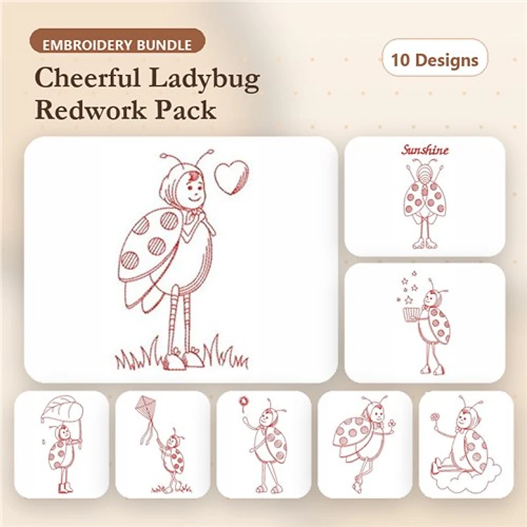 Redwork Cheerful Ladybug Embroidery Designs Bundle – Holding Heart, Dancing, Playing & More (10 Designs)